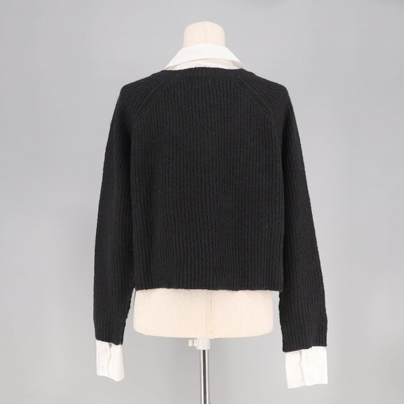 NWT ELAN Kasha Layered Collared V-Neck Cropped Sweater Shirt Black White Size S - Picture 6 of 9